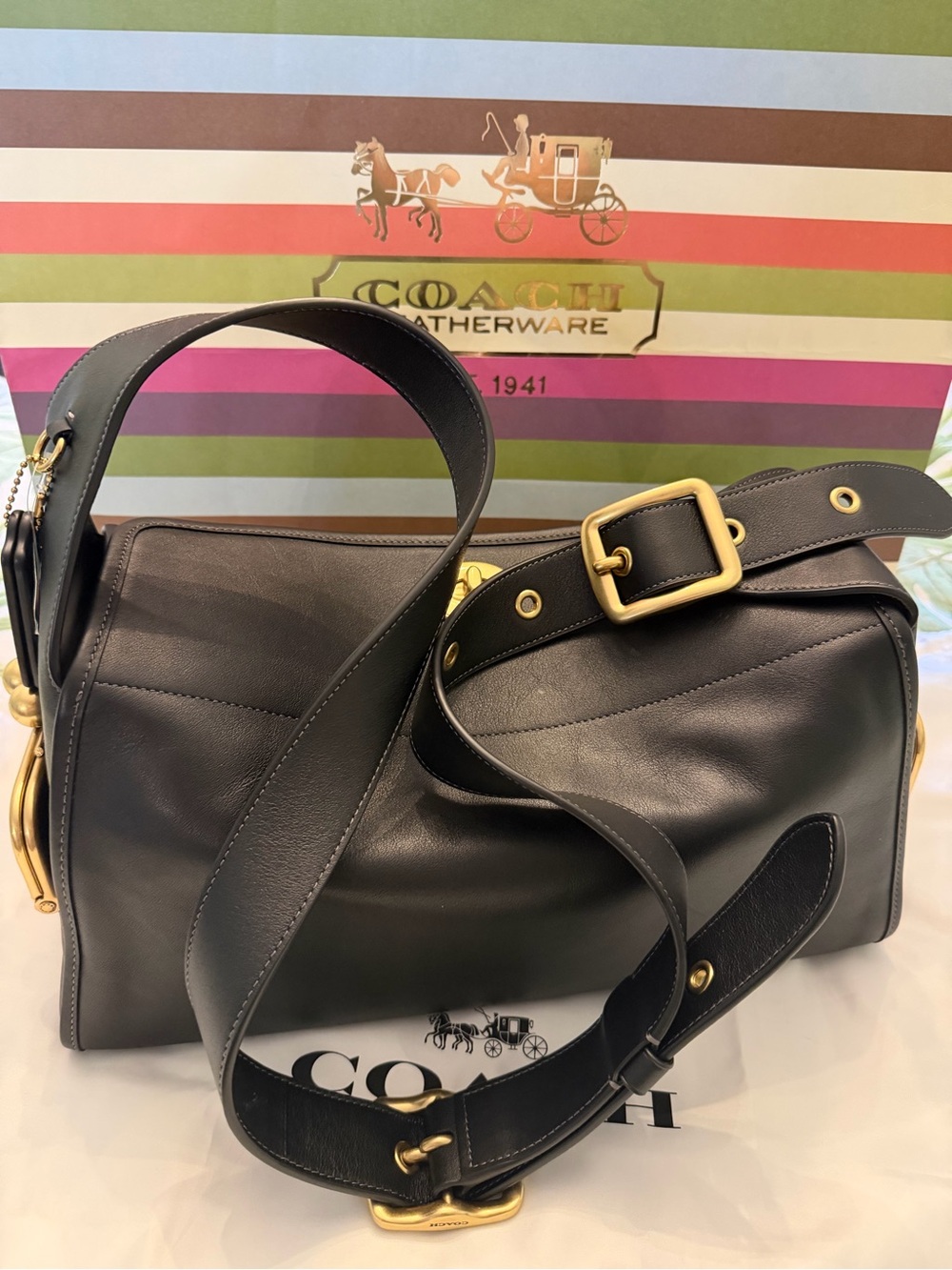 NWT Coach Haversack CDZ12 Black Leather Brass Shoulder Bag, Bleecker Archive - Picture 6 of 10